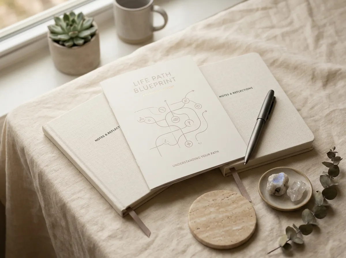 Life Path Blueprint report booklet flatlay on a warm cream surface