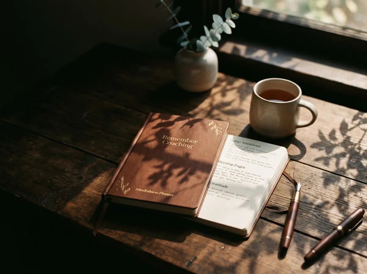 A serene work desk with a pen and mindfulness planner ready for preparation