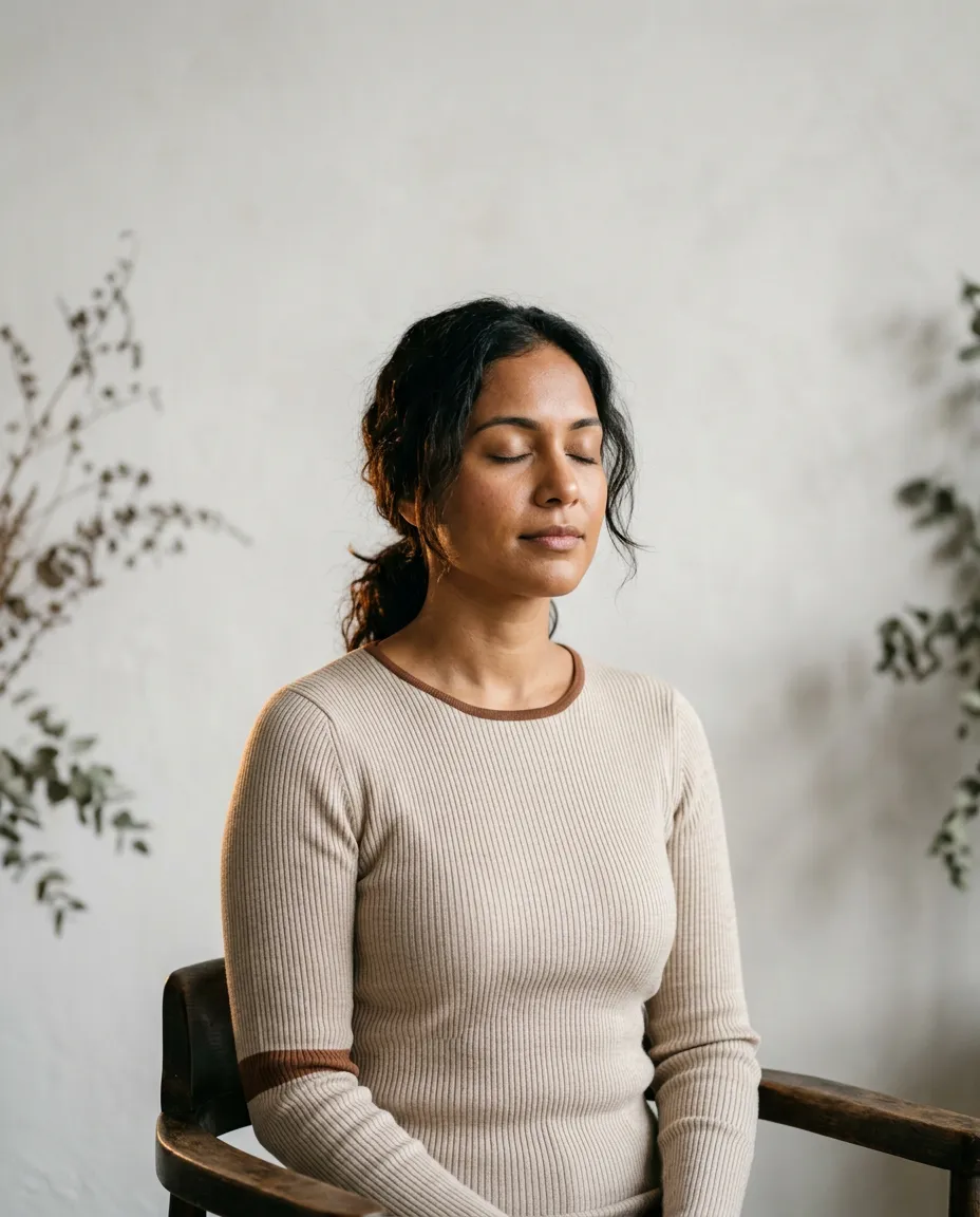 Woman experiencing calm reflection in soft warm natural light