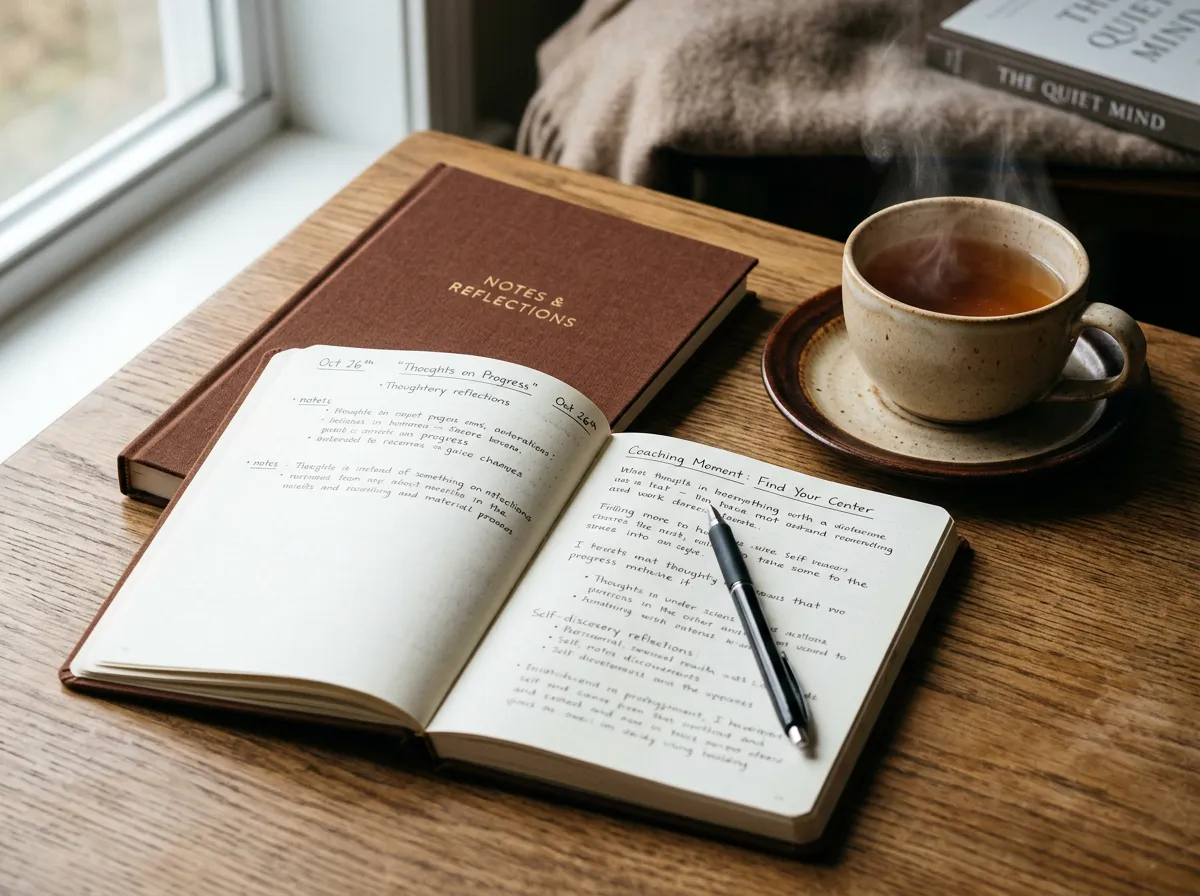 Warm tea, open journal, and tranquil coaching space setting the scene for what to expect