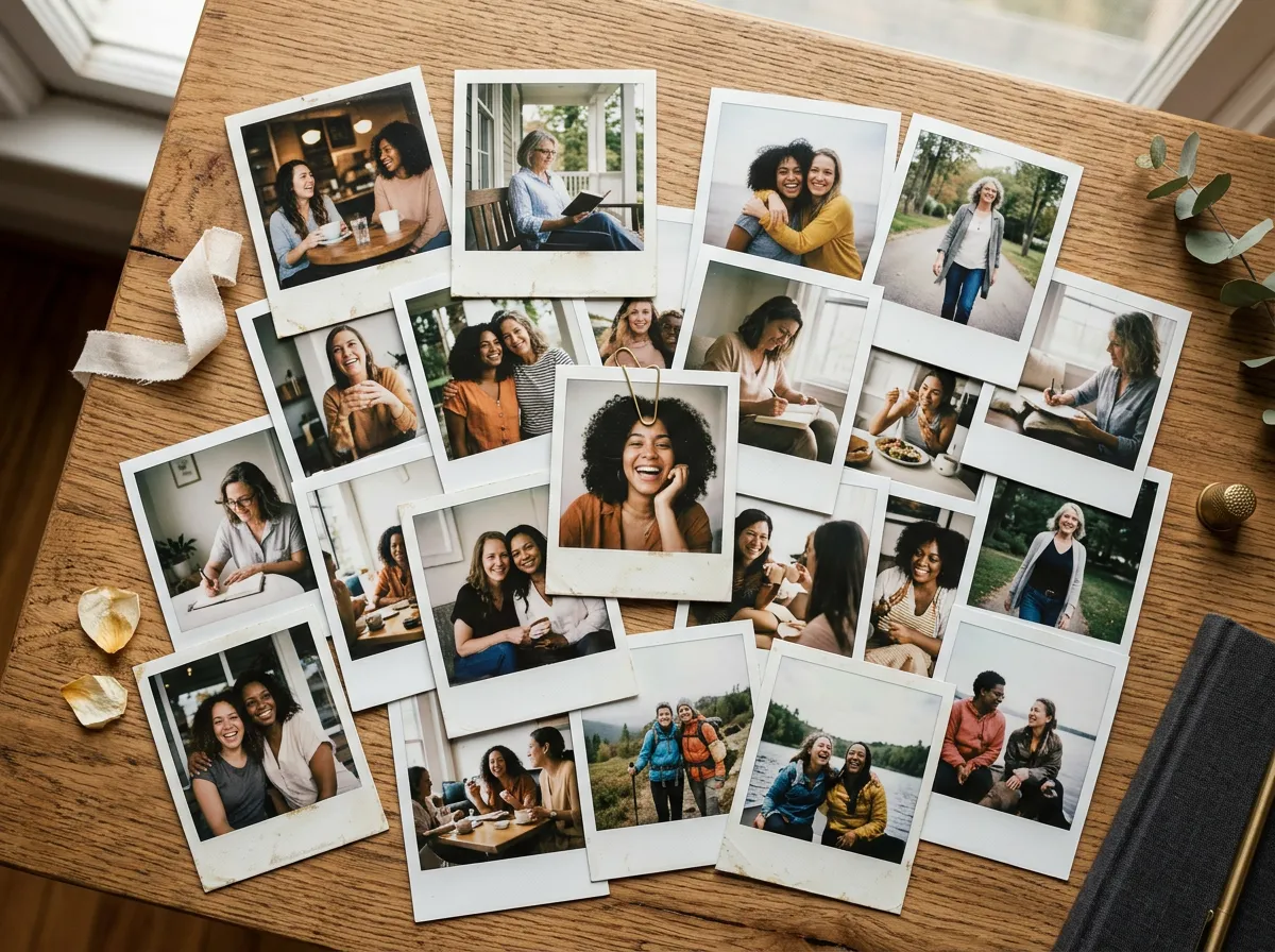 Tabletop collage of candid lifestyle polaroids featuring diverse women throughout life stages