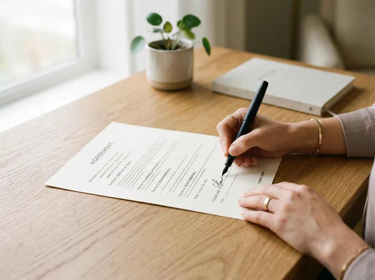 Signing a coaching contract on a warm neutral desk