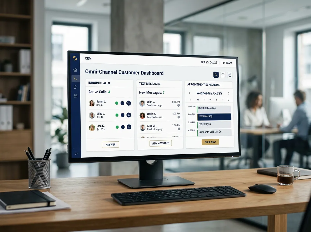 Modern visual representing phone calls, customer messages, and appointment scheduling