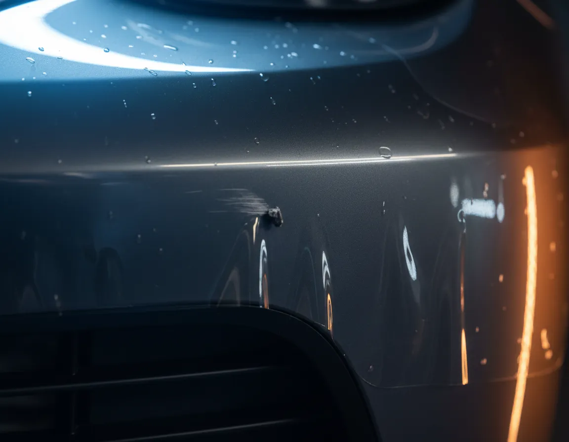Macro visual evidence of paint protection film deflecting environmental damage