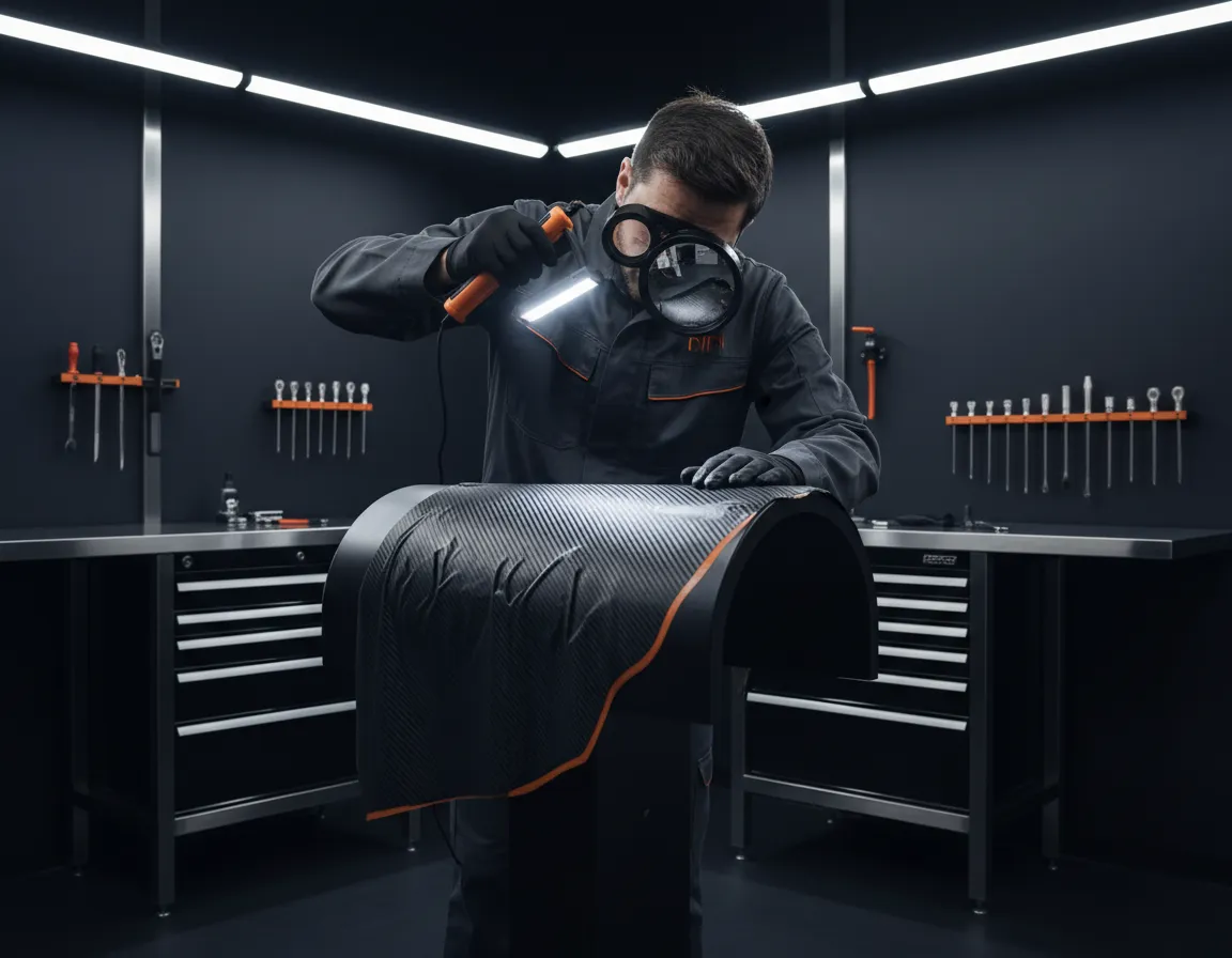 Exhaustive quality control inspection of vehicle wrap under bright studio lighting