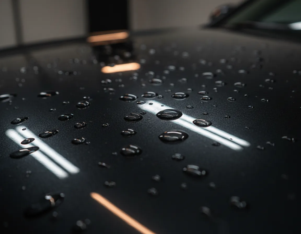 Close up shot of premium ceramic coating water beading on automotive paint
