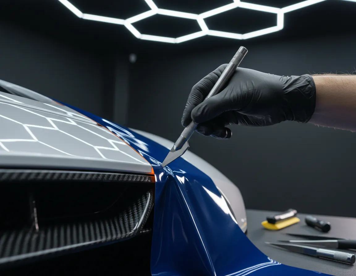 Macro shot of precise vinyl wrap installation on luxury vehicle panel edge