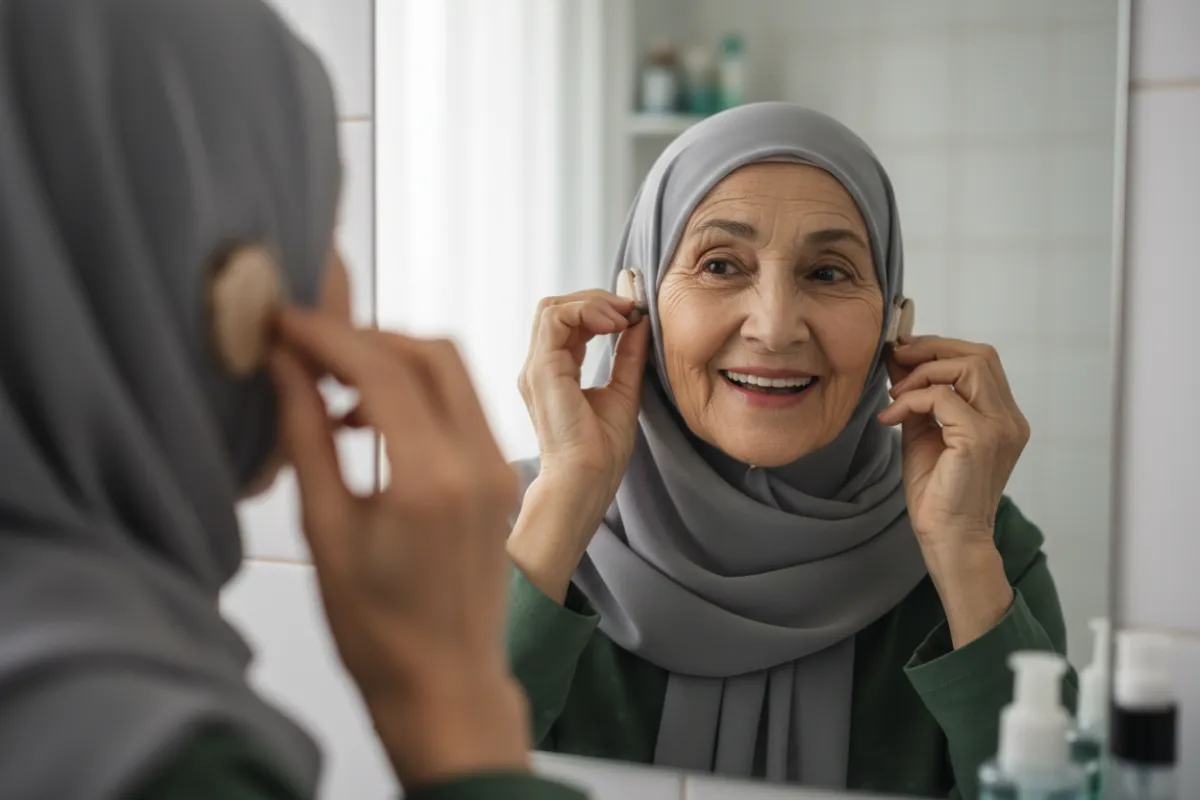سيدة مسنة تضع جهاز سمعي في أذنها أمام مرآة، ترتدي حجابًا رماديًا وملابس خضراء، تعبيرها سعيد وفخور، الإضاءة طبيعية، التركيز على اليد والجهاز، النمط واقعي، نسبة العرض إلى الارتفاع 3:2