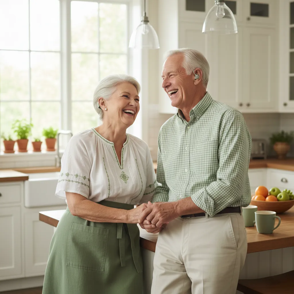 زوجان مسنان يضحكان معًا في مطبخ منزلي، كلاهما يرتدي جهاز سمعي، ألوان الملابس خضراء وبيضاء، الإضاءة مشرقة، النمط واقعي، نسبة العرض إلى الارتفاع 1:1