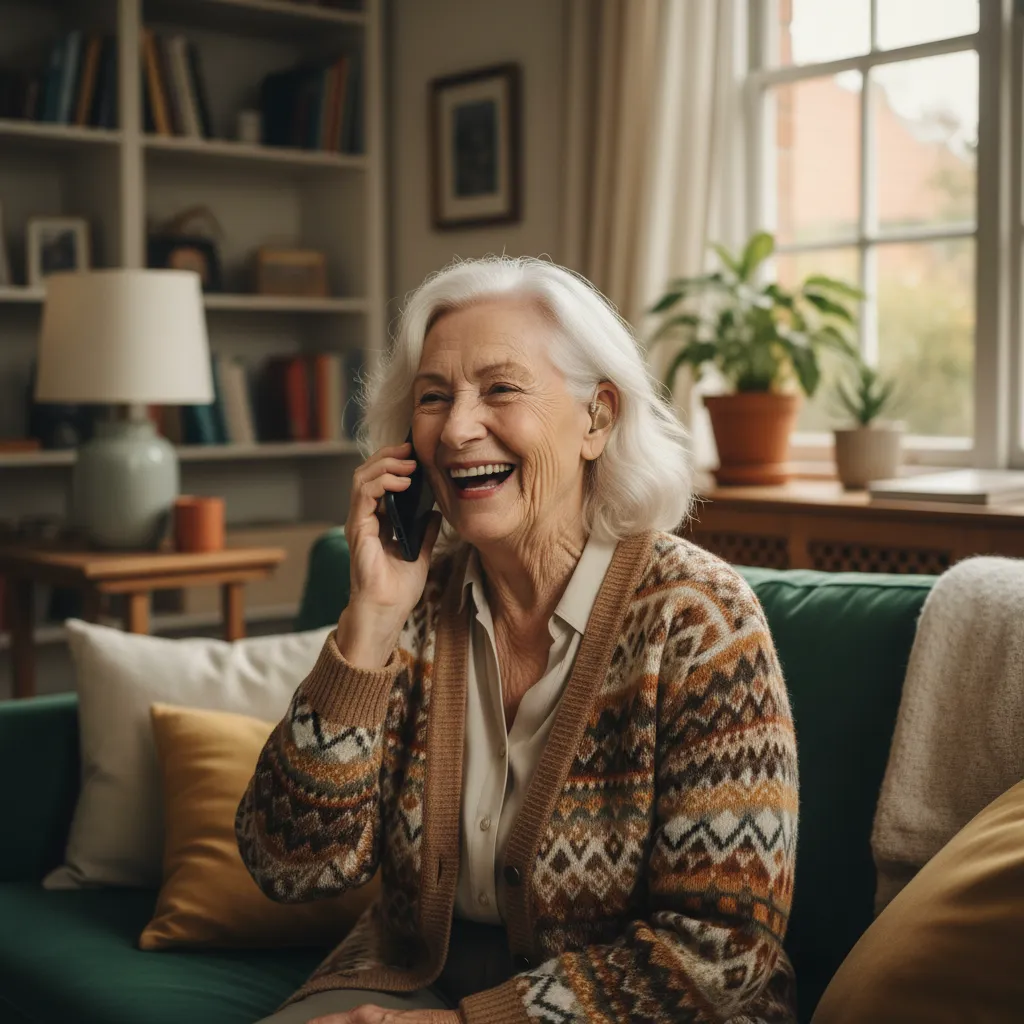 سيدة مسنة تضحك أثناء مكالمة هاتفية، ترتدي جهاز سمعي، تجلس على أريكة خضراء، الخلفية منزلية، النمط واقعي، نسبة العرض إلى الارتفاع 1:1