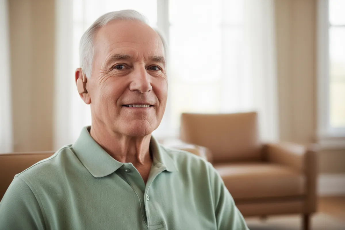 رجل مسن مبتسم يرتدي جهاز سمعي صغير في أذن واحدة، يجلس في غرفة معيشة مضيئة، يرتدي قميصًا أخضر فاتح، تعبيره مطمئن وواثق، التركيز على الجهاز، الخلفية ضبابية، الإضاءة ناعمة، النمط واقعي، نسبة العرض إلى الارتفاع 3:2