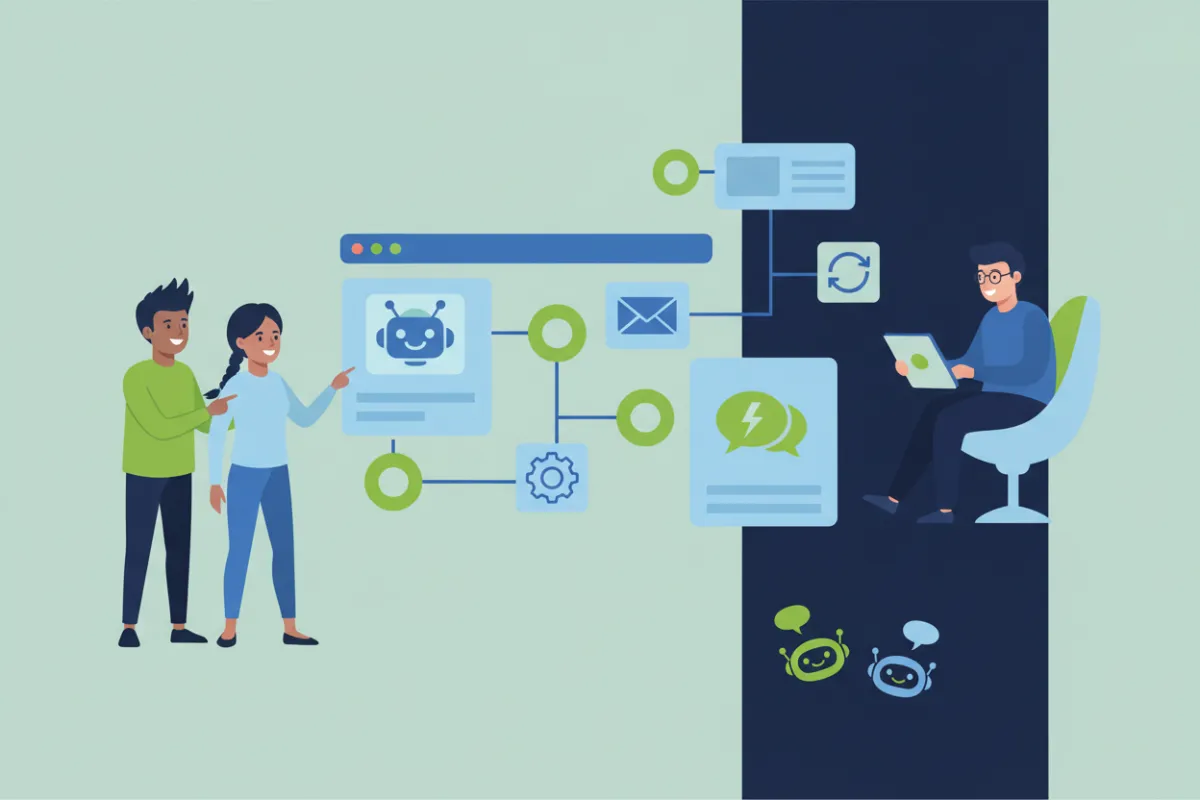 Équipe souriante utilisant un tableau de bord IA avec icônes d'automatisation