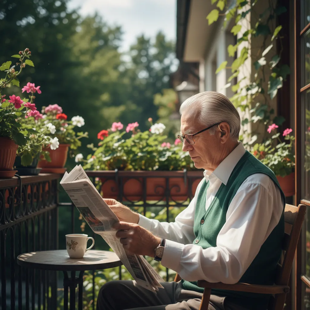 رجل مسن يقرأ جريدة في شرفة مضيئة، يرتدي جهاز سمعي، يرتدي قميصًا أبيض وسترة خضراء، الخلفية نباتات، النمط واقعي، نسبة العرض إلى الارتفاع 1:1