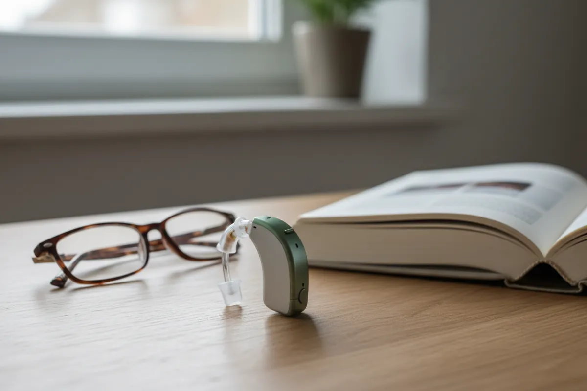 جهاز سمعي صغير الحجم بلون فضي وأخضر، موضوع على طاولة خشبية بجانب نظارات قراءة وكتاب مفتوح، الإضاءة طبيعية، التركيز على تفاصيل الجهاز، النمط واقعي، نسبة العرض إلى الارتفاع 3:2