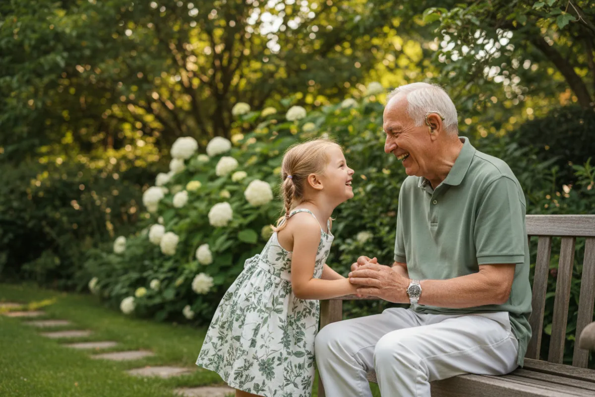رجل مسن يجلس مع حفيدته الصغيرة في حديقة منزلية، يضحكان ويتحدثان، الرجل يرتدي جهاز سمعي واضح في أذنه، ألوان الملابس خضراء وبيضاء، الخلفية خضراء، النمط واقعي، نسبة العرض إلى الارتفاع 3:2