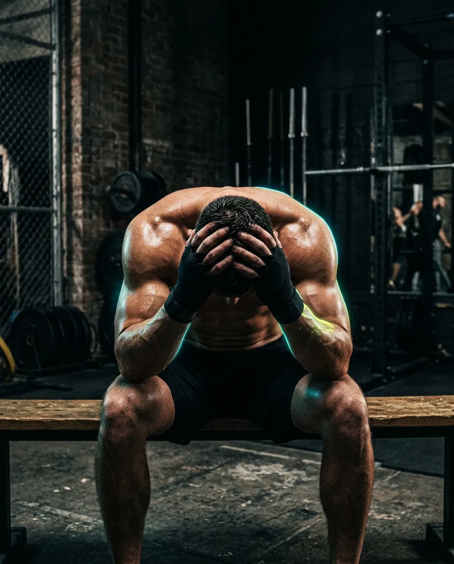 Exhausted male athlete resting head in hands during high-intensity training plateau in dark gym lighting