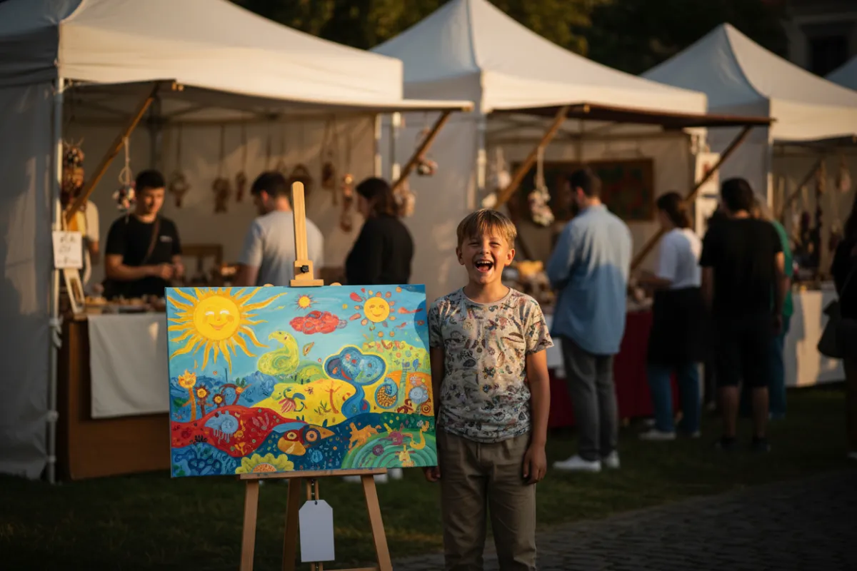 Child standing next to their painting at an outdoor pop-up art event, the artwork displayed for sale
