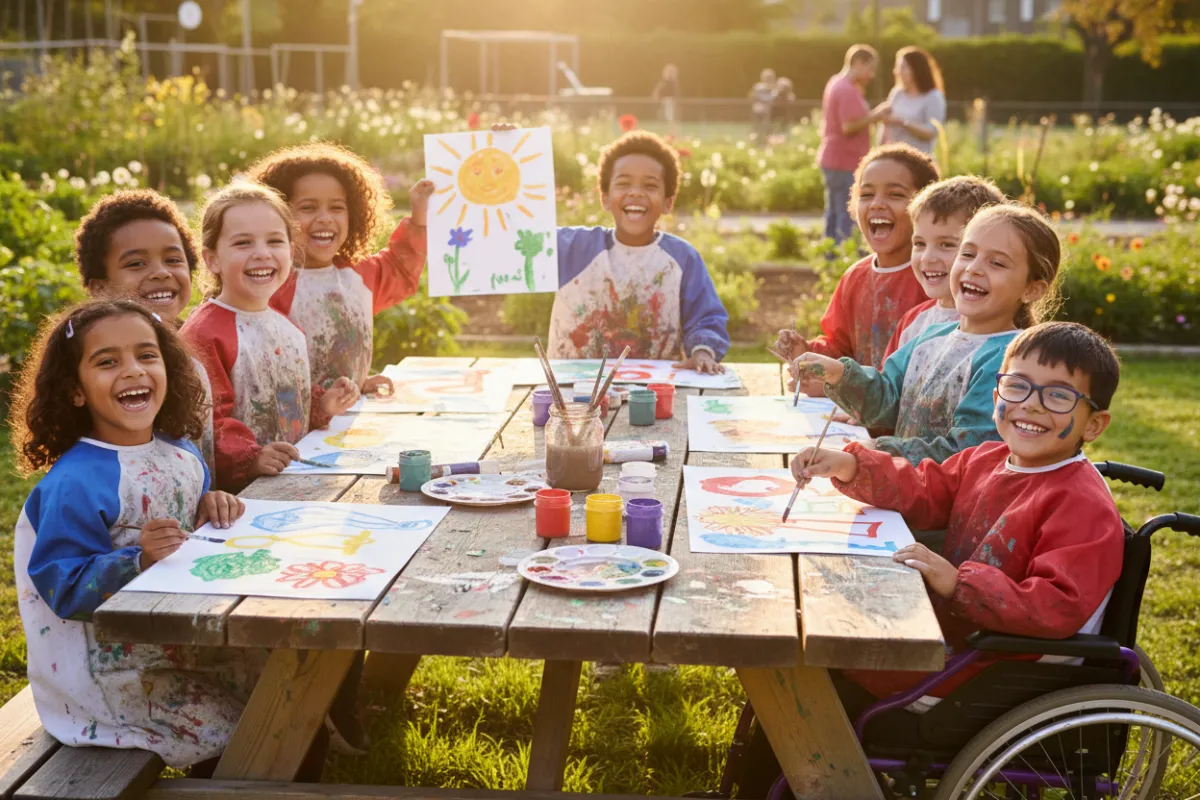 Diverse child painting joyfully in a nonprofit art class