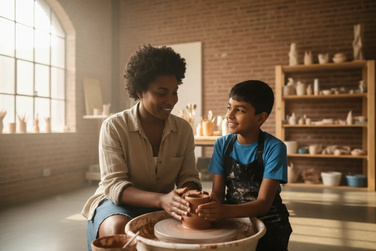 Group of diverse children cutting paper and smiling during an inclusive art activity