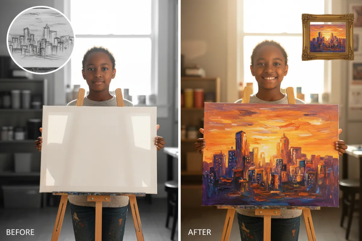 Children collaborating on a mural with a mentor, showing joy and transformation