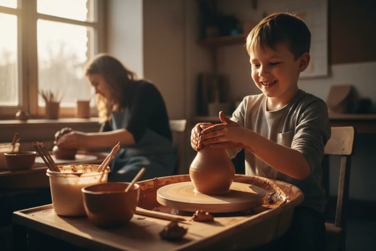 Child building confidence in a pottery class
