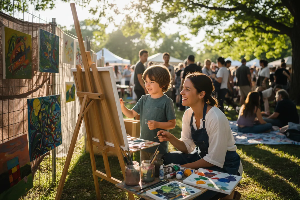 Young boy being mentored in an outdoor pop-up art painting session