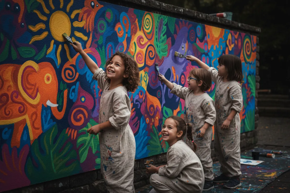 Kids painting a mural together outdoors