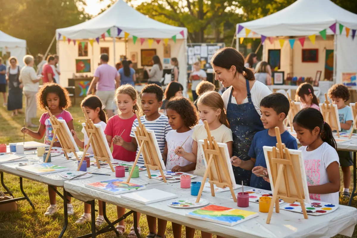 Kids being mentored at a pop-up outdoor art painting event