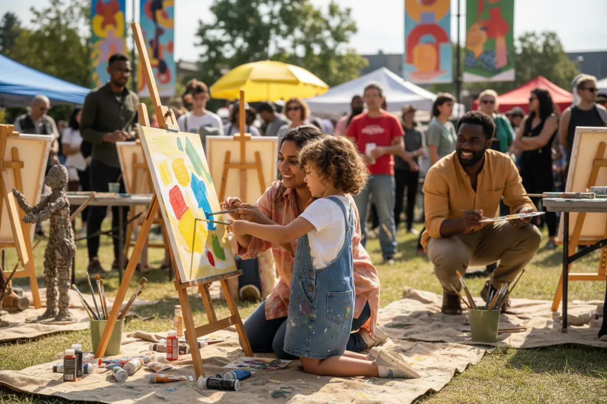 Child being mentored outdoors at a pop-up art event, painting with an art mentor