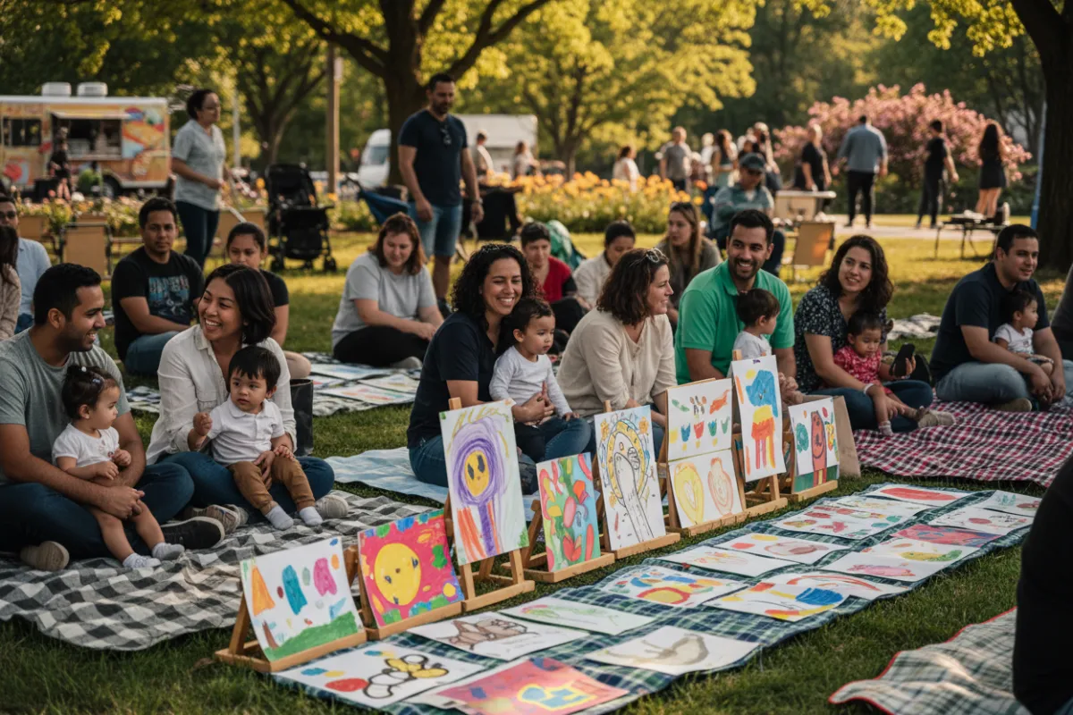 Neighborhood community at an outdoor event viewing children's artwork