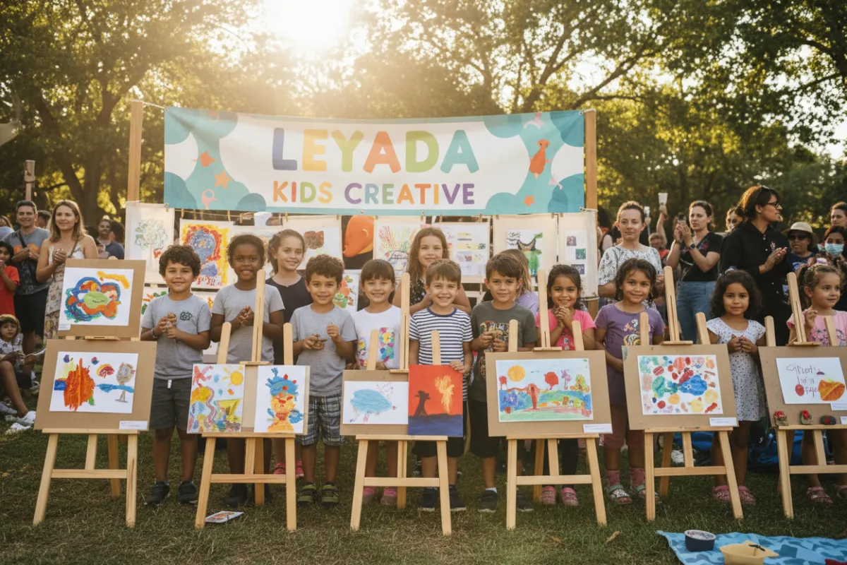 Kids standing next to their art at Leyada Kids Creative outdoor pop-up event