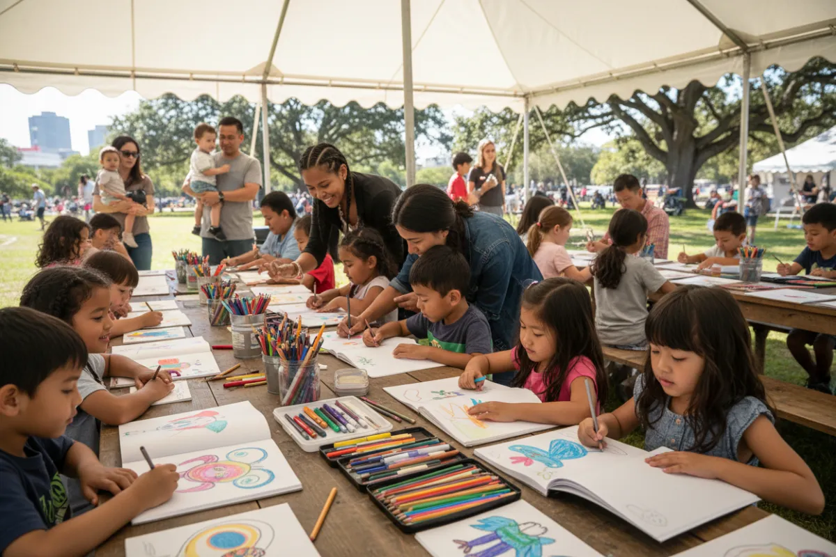Kids being tutored at Leyada Kids Creative outdoor pop-up event, non-profit charity