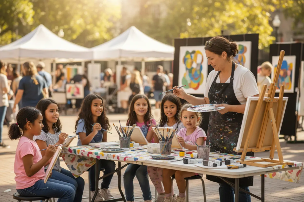 Young girls being mentored in an outdoor pop-up painting event by an art mentor