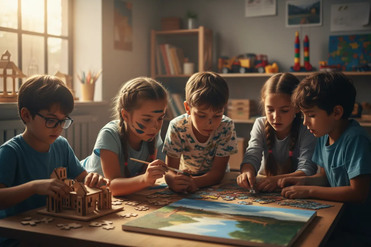 Students collaborating on a hands-on creative learning activity, focused and solving a problem together