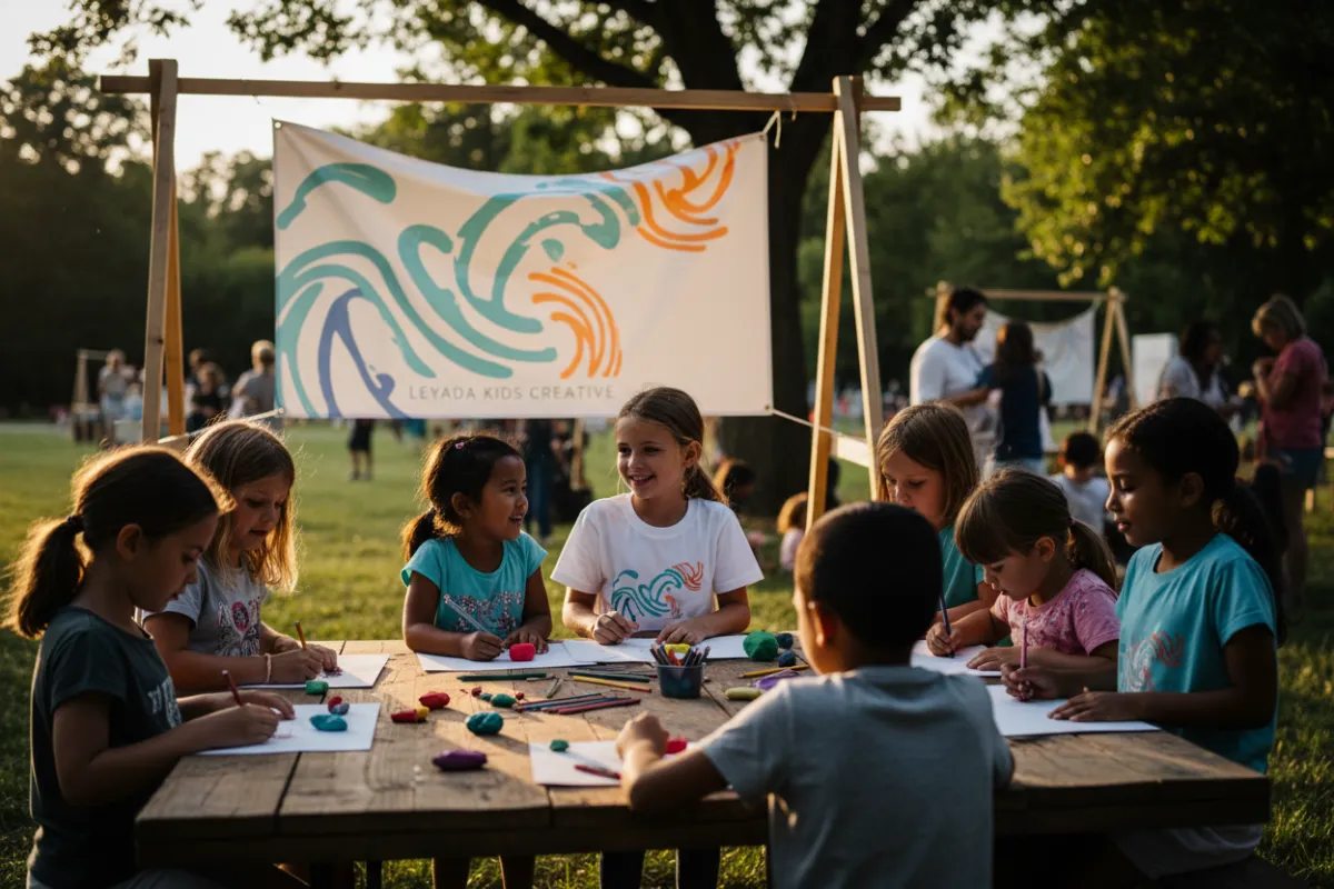 Kids at an outdoor Leyada Kids Creative pop-up event, sitting at a table drawing and talking to each other