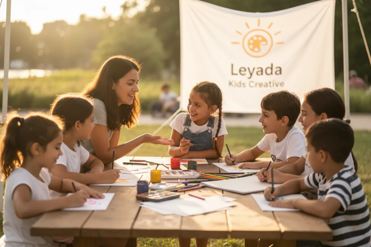 Group of kids at Leyada Kids Creative pop-up event drawing with an art mentor at an outdoor table