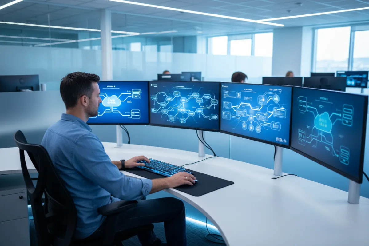 An IT specialist in a modern office configuring a digital integration dashboard, with multiple screens showing data flow diagrams and system connections. The setting features a blue and white color scheme, realistic lighting, and a focus on seamless technology integration.
