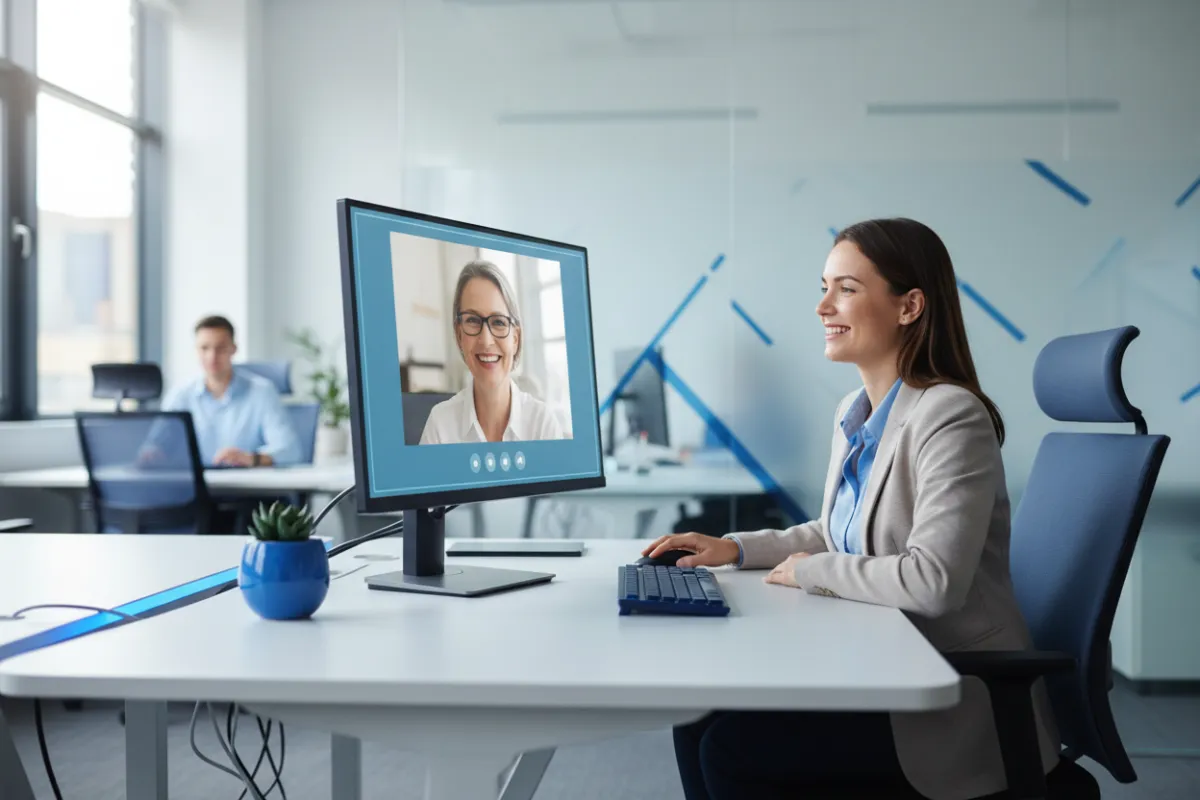 Customer support agent assisting client via video call, friendly interaction, modern workspace, blue branding, realistic, professional