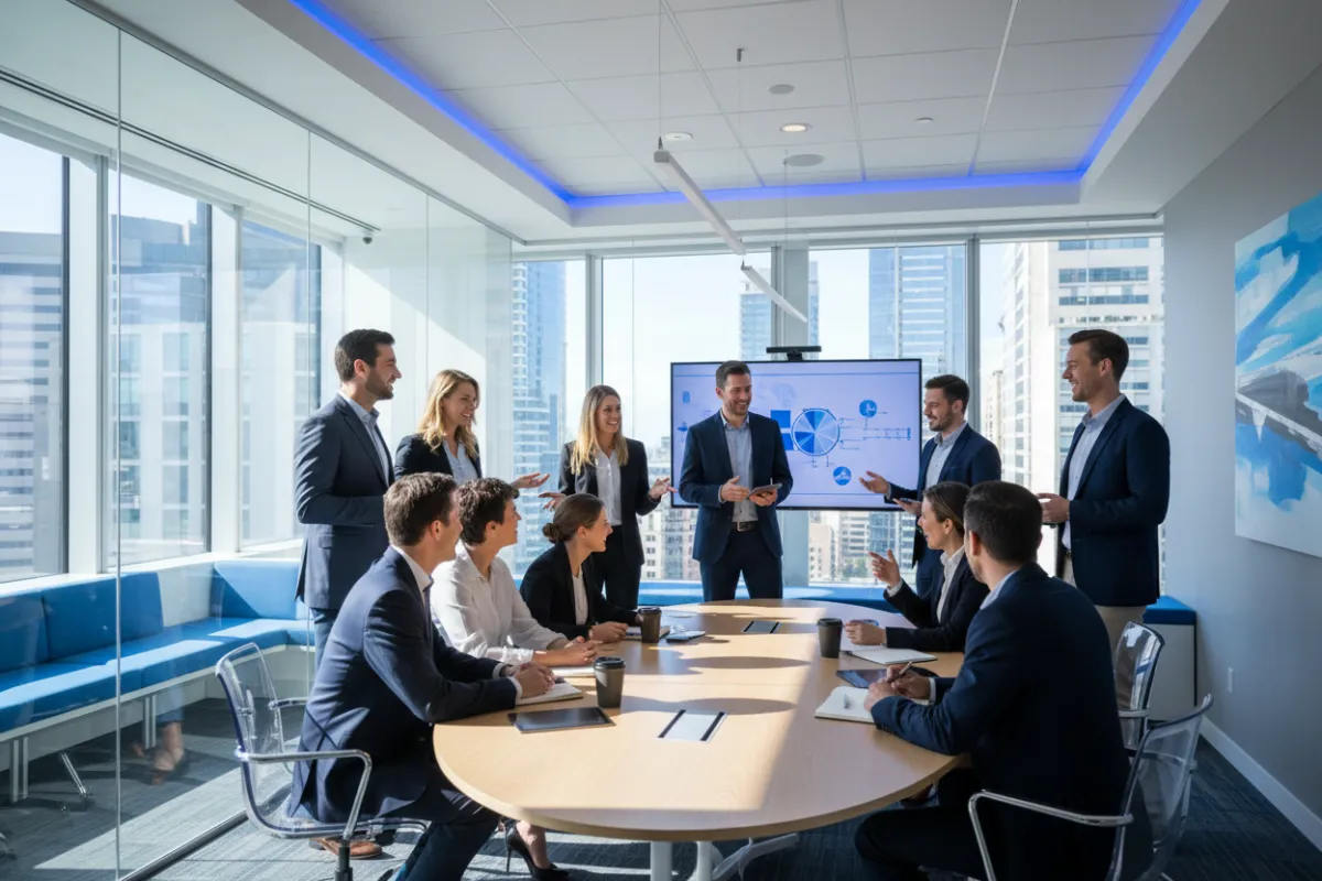A group of Access3000 team members in a glass-walled office engaged in a collaborative discussion, with diverse professionals, blue accent decor, and a positive, energetic atmosphere. The image is realistic and highlights teamwork and commitment.