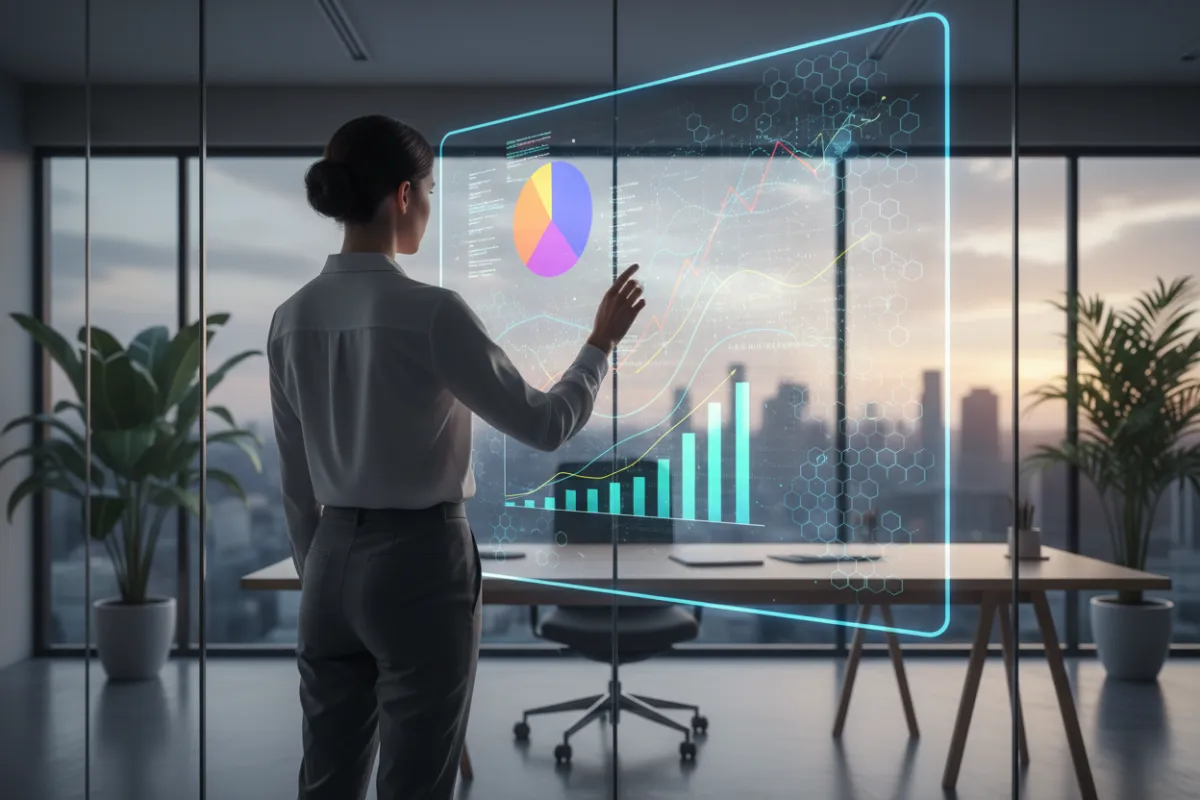 A business analyst in a glass-walled office reviewing an interactive data dashboard with colorful charts and graphs, blue digital overlays, and a realistic photographic style. The scene highlights data-driven decision-making and modern analytics tools.