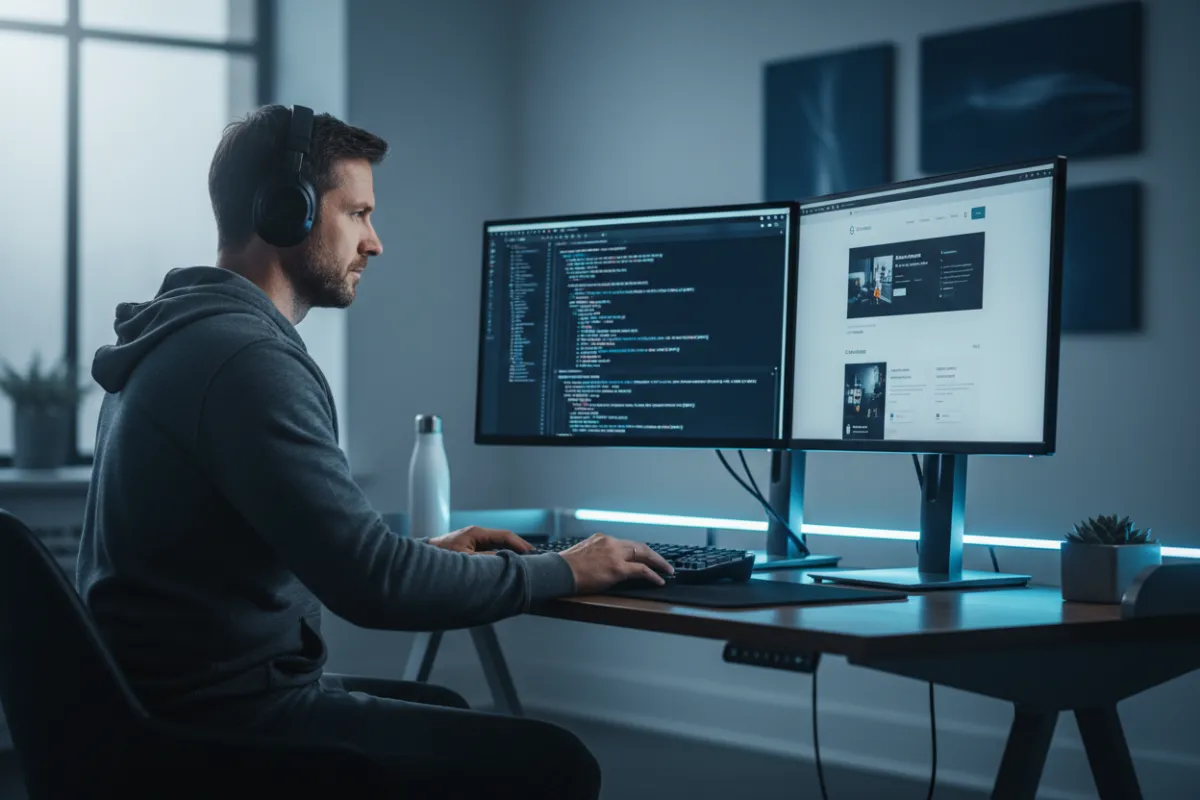 A professional developer at a modern desk working on an e-commerce website interface, with dual monitors displaying code and design, blue accent lighting, and a clean workspace. The image is realistic and conveys technical expertise and focus.