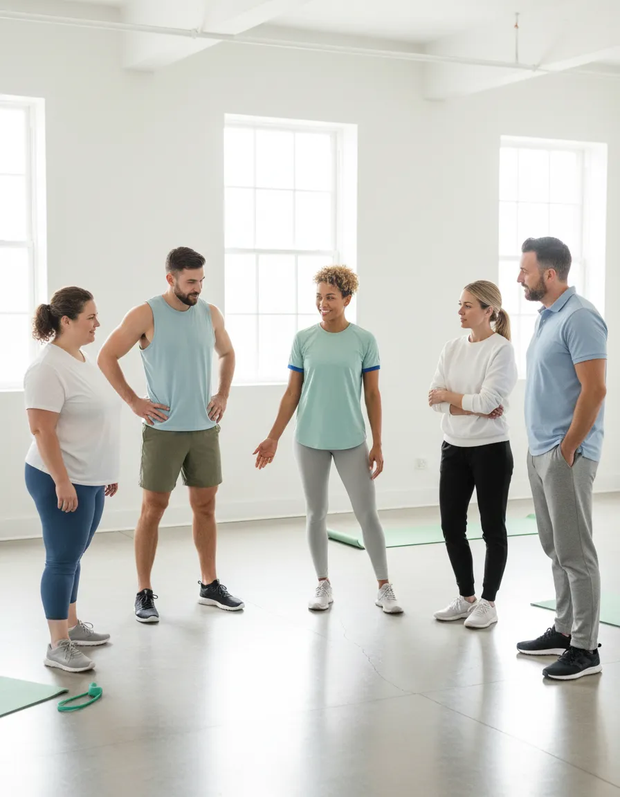 Inclusieve foto van coach met diverse deelnemers tijdens een toegankelijke trainingssessie
