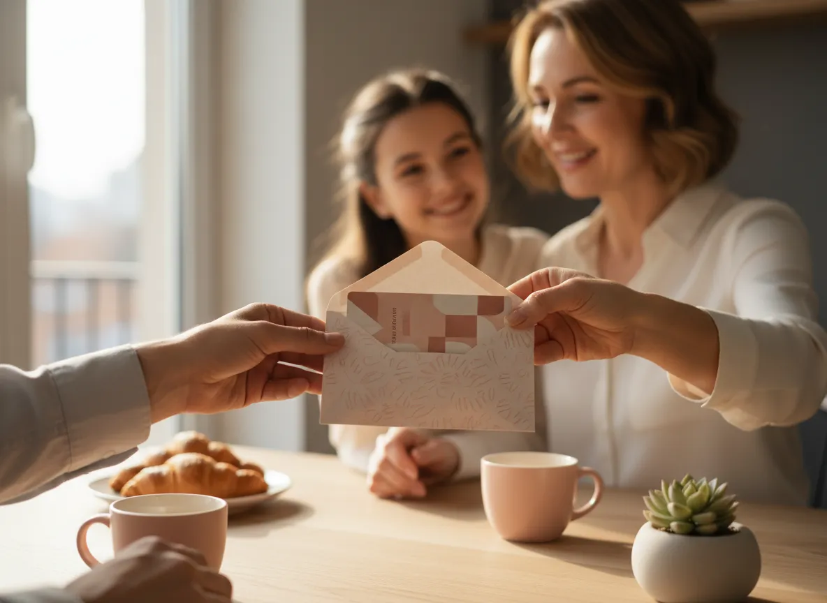 Moeder die een cadeaubon ontvangt van haar kind