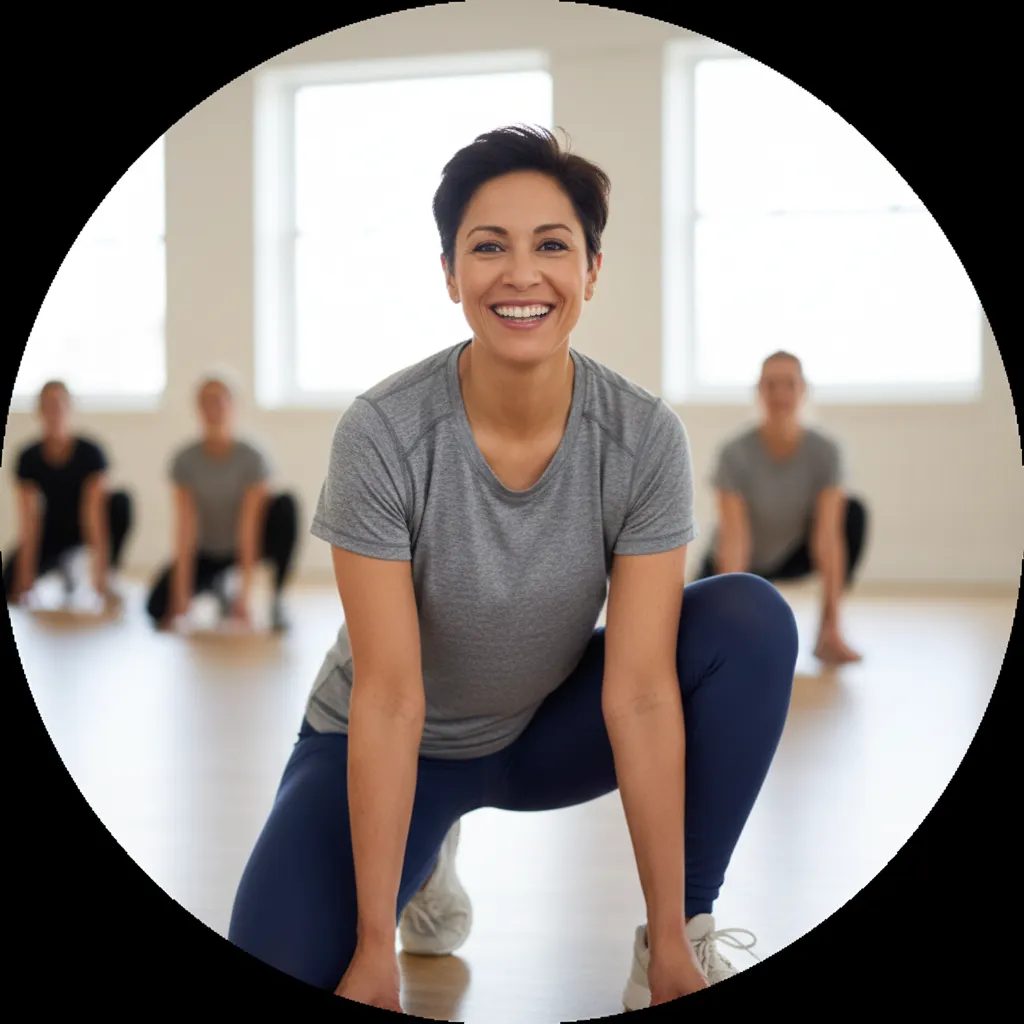 [Lid van [STUDIO_NAAM] dat lacht in een kleine groepstraining]