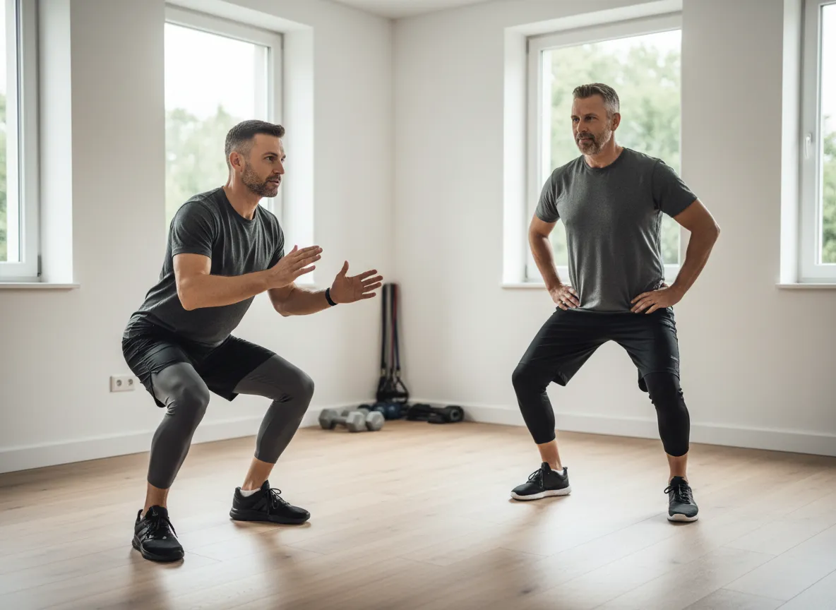 Coach die een klant begeleidt tijdens een rustige fitness-sessie