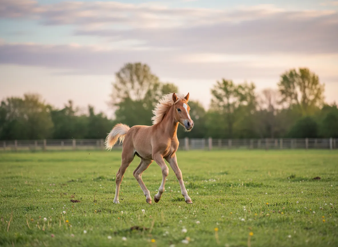 Playful rescued foal Ivy running in the paddock