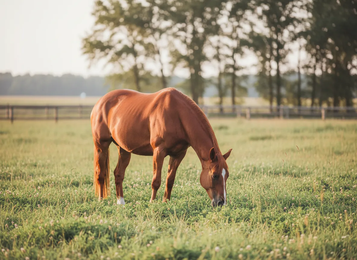 Rescued horse Luna grazing peacefully at the sanctuary