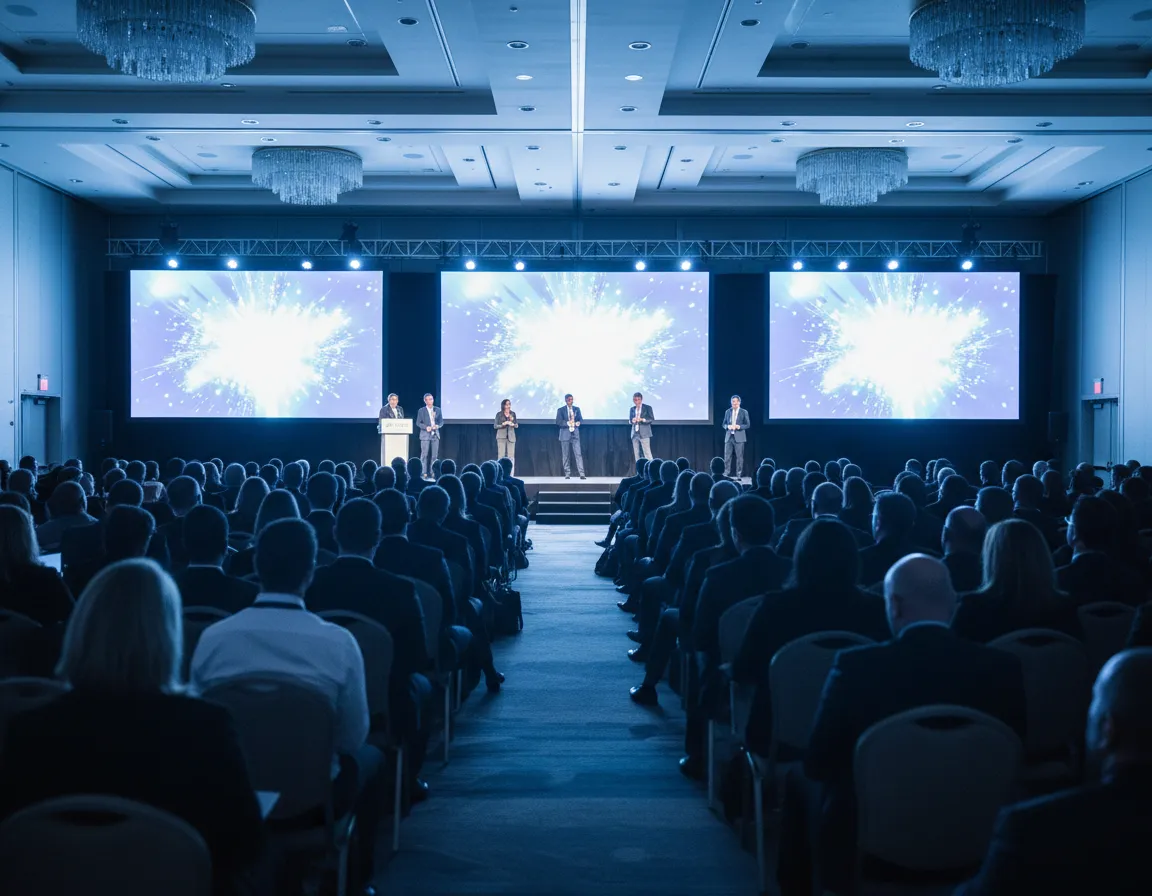 Audience view at Miami conference with professional lighting