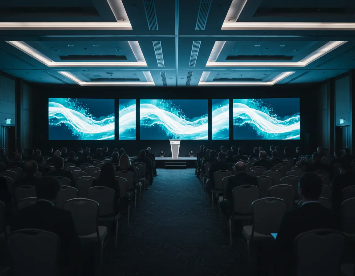 Miami corporate event with stage lighting and LED screens