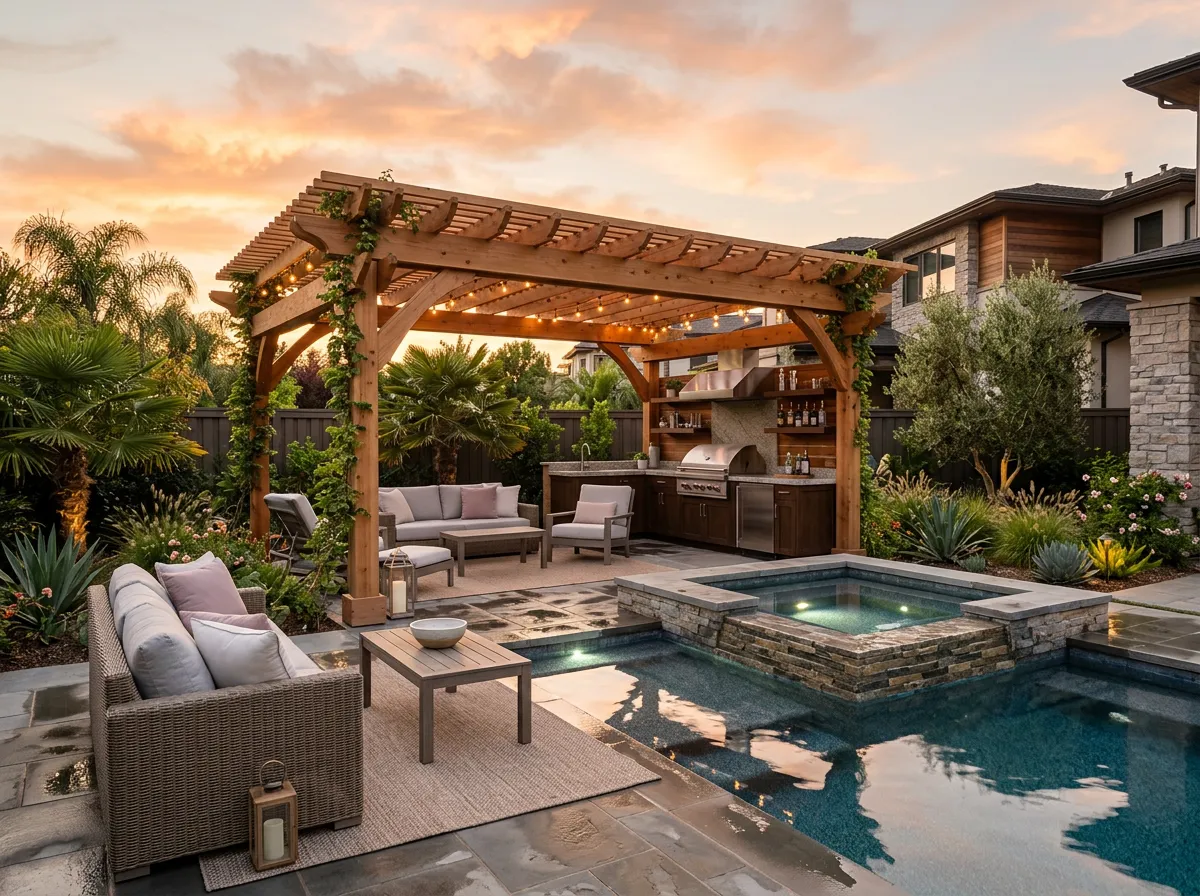 Resort-style outdoor living space with pool and pergola